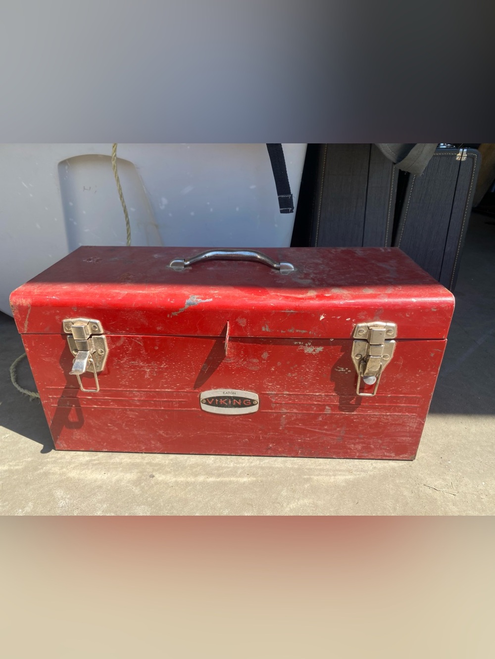 Eaton 1960s Viking Vintage Red Metal Toolbox 20”x8”x10”